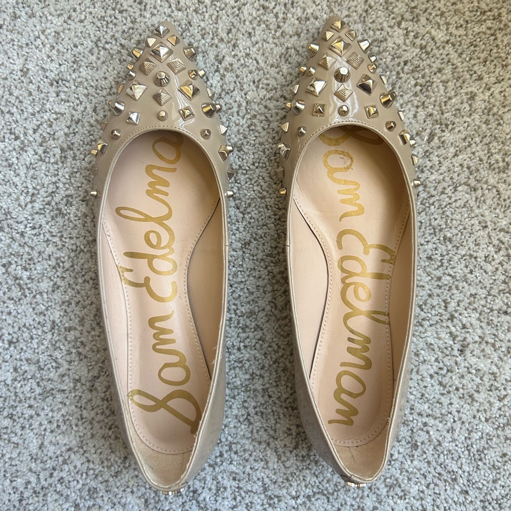 Sam Edelman Nude Gold Spiky Studded Pointed Patent Leather Ballet Flats Size 6